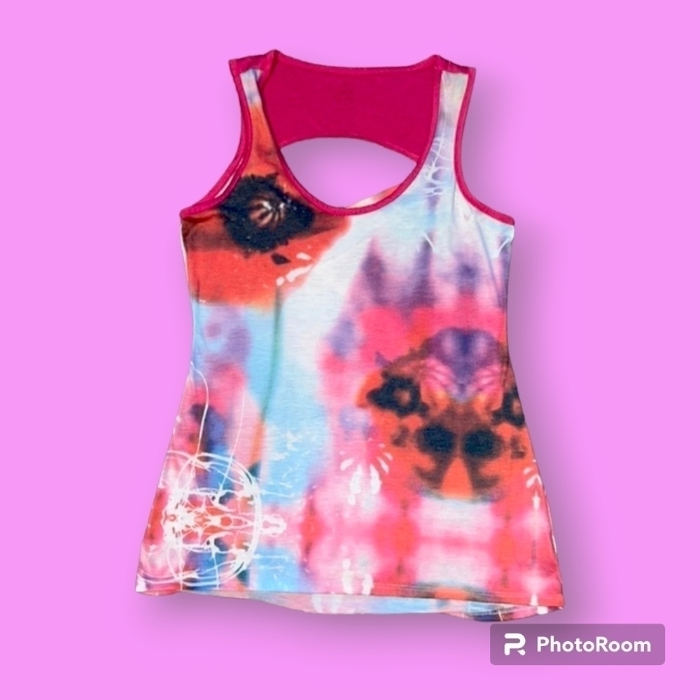 Jessica Simpson Pink Purple Blue Neon Tie Dye Tank Top Open Back Size Medium